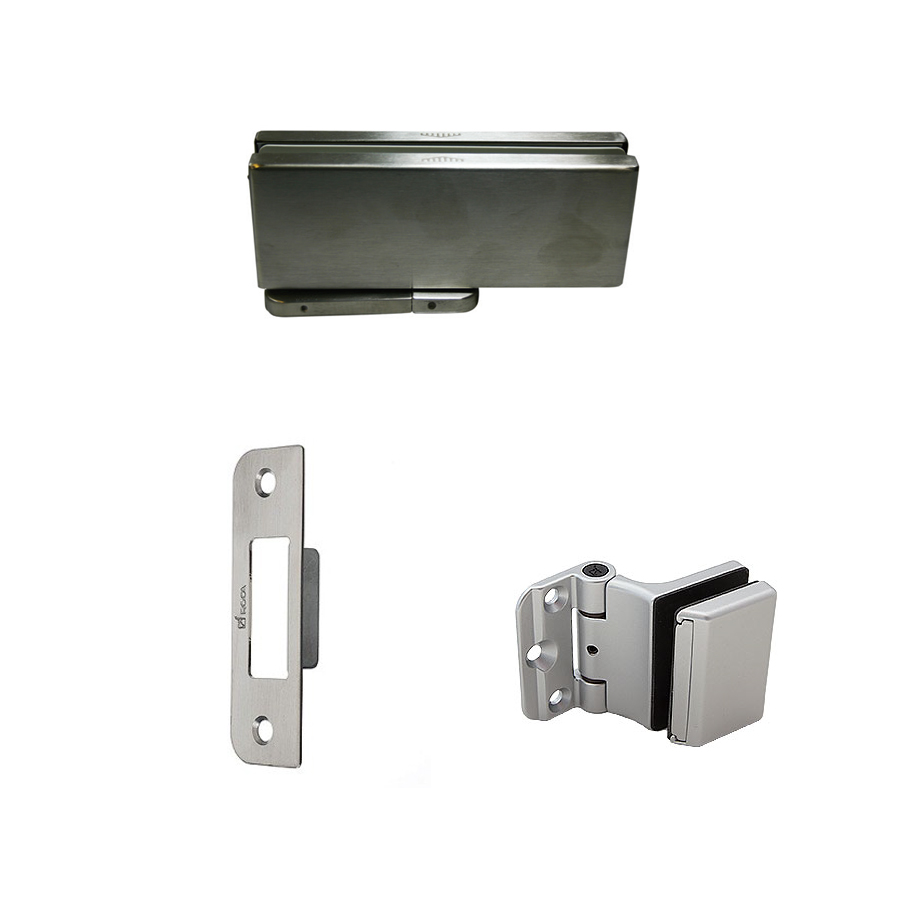 Fittings and hinges for glass doors